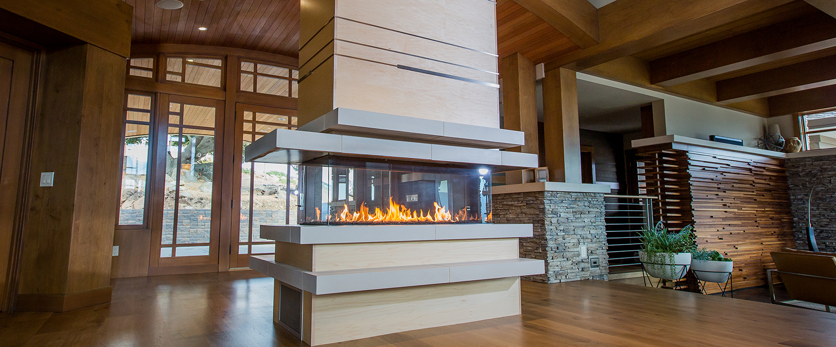 four sided custom gas fireplace